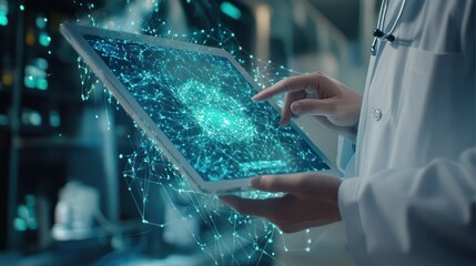Doctor using tablet pc with global medical network concept. 3D rendering