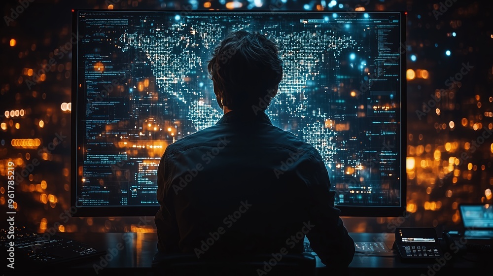 Poster a person analyzing data at night in a city office, illuminated by screens displaying global informat