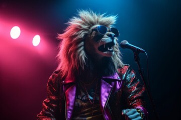 A super star lion with a microphone on stage, neon background. 