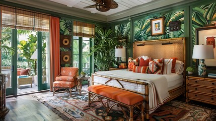 Tropical-themed bedroom with lush decor and vibrant, nature-inspired accents.
