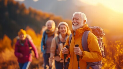 Fototapeta premium senior hikers with backpacks enjoying sunset on mountain trail. active lifestyle and nature adventure.