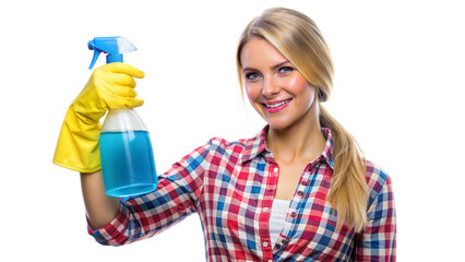 Woman holding cleaning supplies, ready to clean