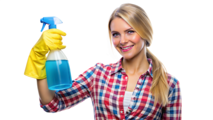 Woman holding cleaning supplies, ready to clean