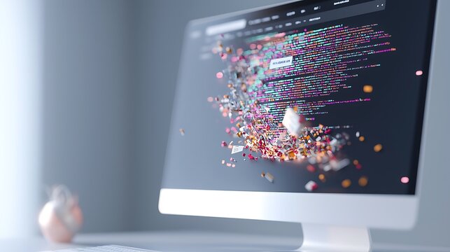 An ultra-sharp image of a banking website glitching on a desktop computer screen, with code fragments and visual errors visible. The background features copy space on the left side, with a deep depth