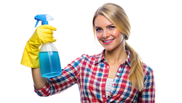 Woman holding cleaning supplies, ready to clean