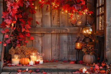 Obraz premium Background with halloween pumpkins, candles and autumn leaves on the wooden house porch