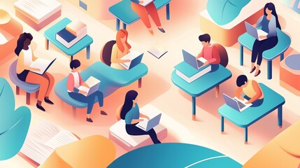 modern office setting with diverse employees working on laptops. contemporary workspace illustration