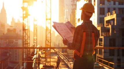 A construction worker reviewing blueprints at sunset on a building site.