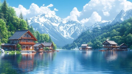 Fototapeta premium Tranquil Lake Houses in the Mountain Valley.