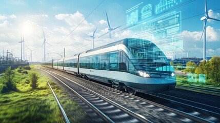 Fototapeta premium Sustainable energy windmills turbines in a field with hydrogen pipeline factory near railway.
