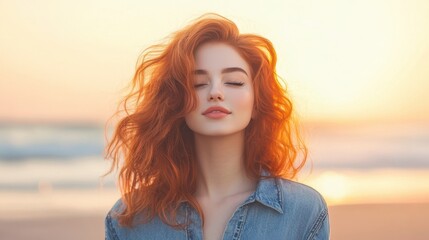 A serene woman with flowing red hair enjoys the sunset at the beach, embodying tranquility and beauty in nature's embrace.