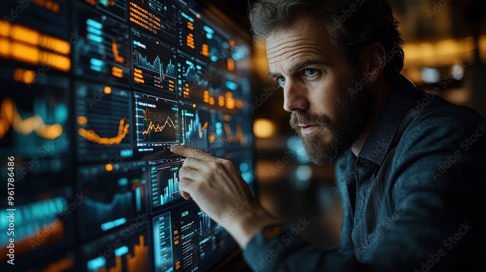 Aufkleber man analyzing data on a wall of screens