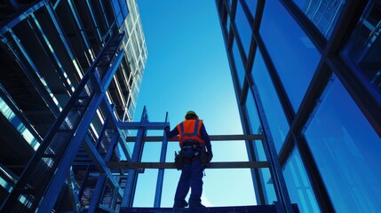 A construction worker on scaffolding, overlooking a modern building site under a clear sky.