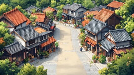 Obraz premium A Bird's Eye View of a Charming Japanese Village.