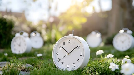 A highly detailed image of multiple clocks set to different times, placed in an outdoor garden setting with morning sunlight, representing the daylight saving shift. The focus covers all the clocks