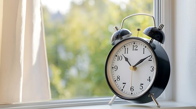 A detailed photograph of an old-fashioned clock on a windowsill, with sunlight filtering through curtains, symbolizing daylight saving time. The entire clock is sharply focused, with deep depth of