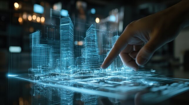 Hand pointing at digital virtual reality modern commercial building hologram. Real estate for investment building technology concept.