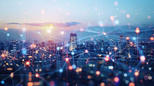 Cityscape Illuminated by Network Connections at Sunset