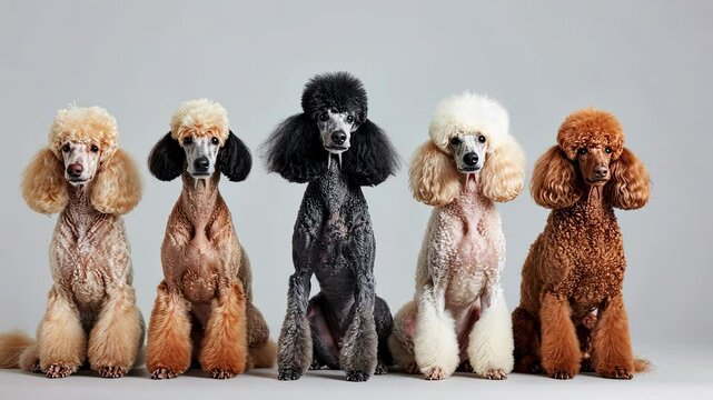 Five poodles in a row on a white background, cute and stylish concept