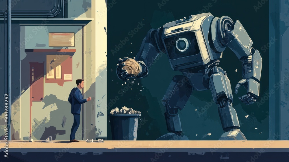 Poster in a symbolic portrayal of artificial intelligence replacing jobs, a giant robot is depicted throwin
