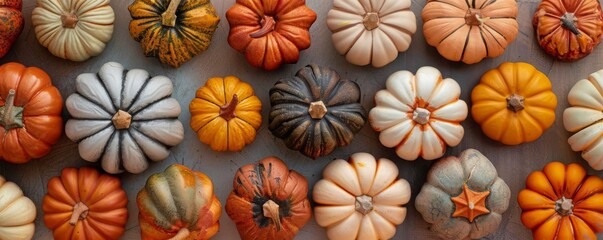Fototapeta premium Collection of handmade plaster pumkins. Banner for autumn seasonal holidays background. DIY craft pumkins for helloween, thanksgiving, fall decoration 