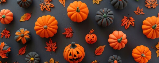 Collection of handmade plaster pumkins. Banner for autumn seasonal holidays background. DIY craft pumkins for helloween, thanksgiving, fall decoration	