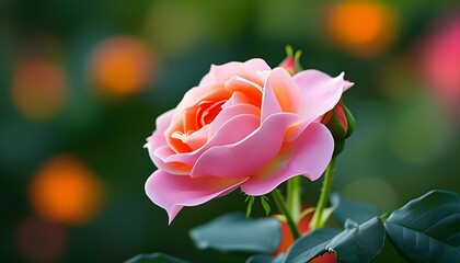 Vibrant pink and orange rose in full bloom set against a soft green leaf backdrop