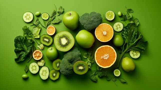 Large collection of green fruit and vegetable pieces and slices top view. Neural network ai generated art