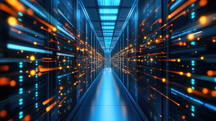 Fototapeta premium Futuristic data center illuminated by vibrant blue and orange lights showcases the vast network of servers powering the digital world.