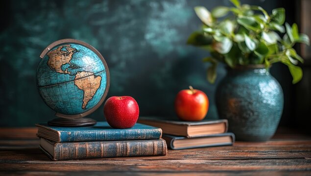 Vintage Globe and Books on a Wooden Table