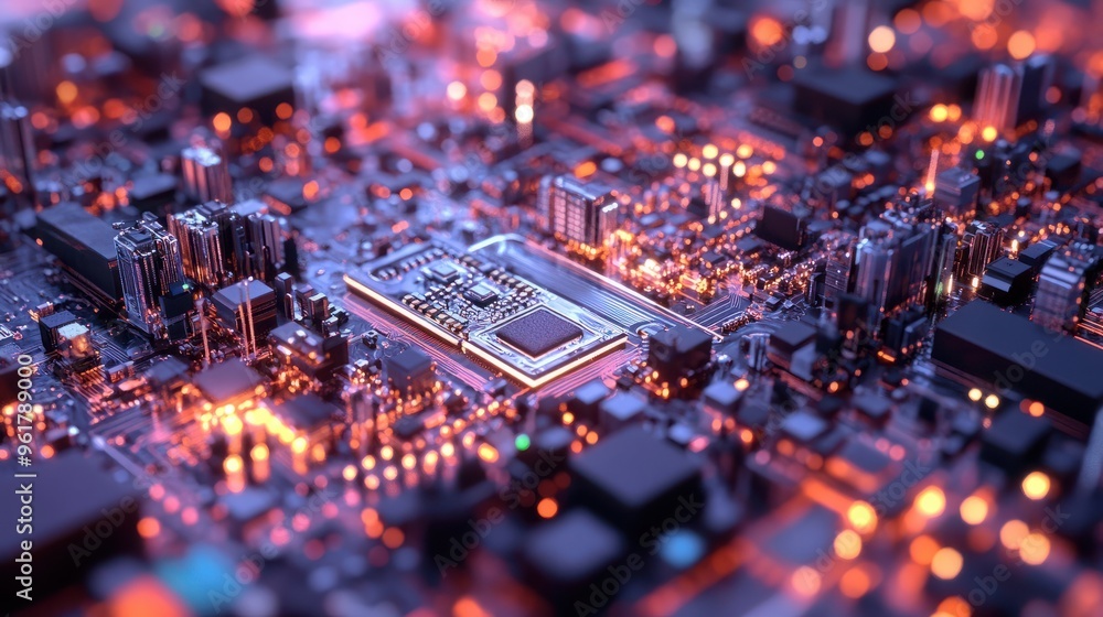 Poster microchip, surface zoom in, macro, tech, computer, it created with generative ai technology