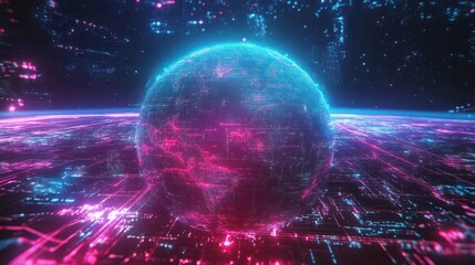 Metaverse digital world cyber space background, neon colorful global world in cyber space, future energy power technology and internet connection concept.