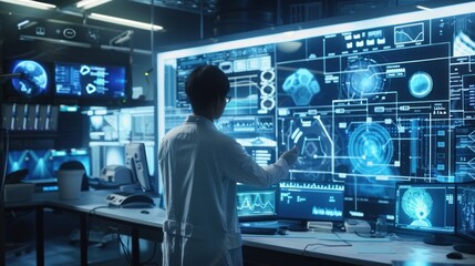 A scientist interacts with advanced digital displays in a futuristic lab setting.