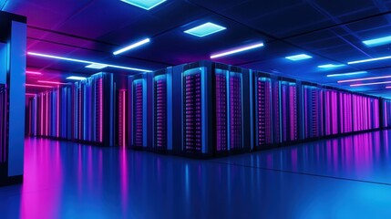 A futuristic data center illuminated by vibrant blue and pink neon lights showcases the vast network of servers powering the digital world.