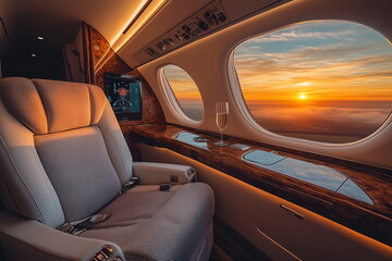 Fototapeta premium A private jet standing on a runway at sunset, with a luxurious interior and view