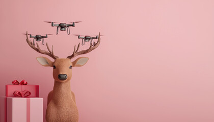 Reindeer and drones delivering packages together, holiday decorations, 3D illustration
