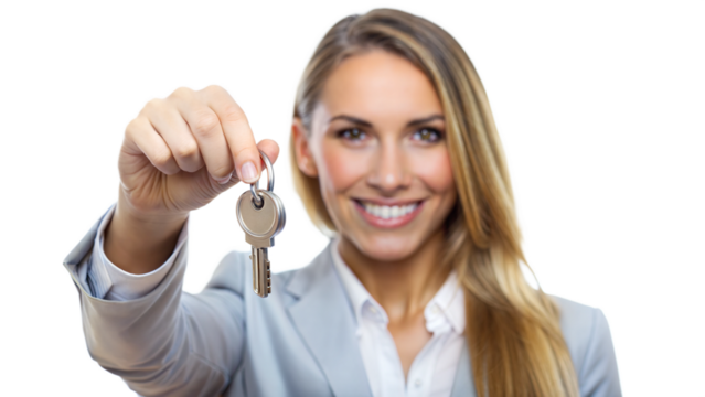 Smiling woman holding a key in her hand