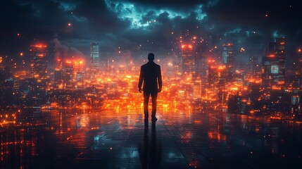 Fototapeta premium A solitary figure stands at the edge of a glowing cityscape during a dramatic night, surrounded by flickering lights and ominous clouds