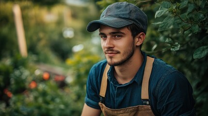 Portrait of a young male gardener in the backyard