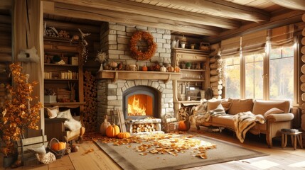 A charming interior featuring a stone fireplace, adorned with pumpkins and fall foliage. The cozy atmosphere, enhanced by the warm lighting and rustic wooden elements, makes it perfect for promoting