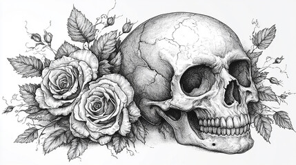 Vintage Engraved Skull with Roses Monochrome Style