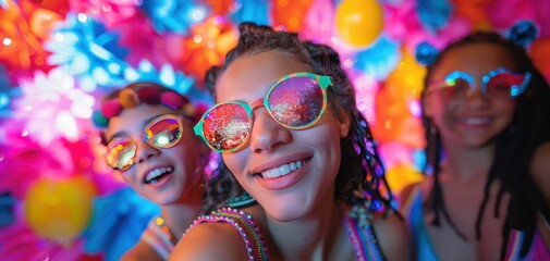 Three friends having fun and enjoying a colorful neon party, wearing stylish sunglasses and surrounded by vibrant decorations.
