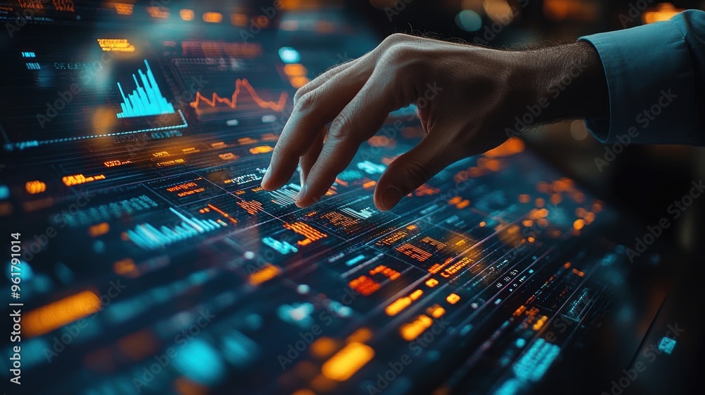 Poster hand interacting with futuristic data visualization