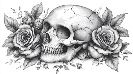 Vintage Engraved Skull with Roses Monochrome Style
