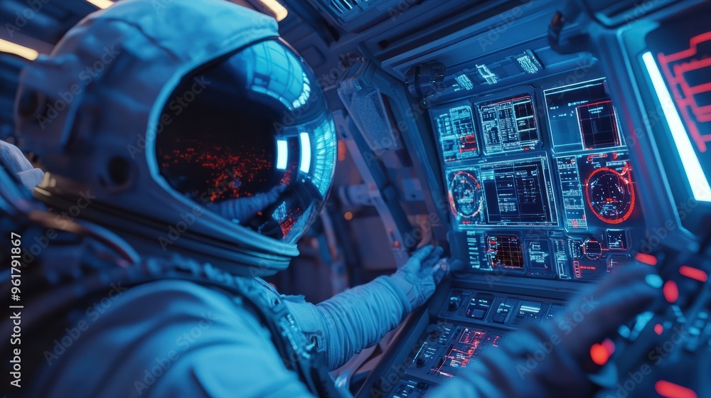 Poster the astronaut is looking at the huge illuminator and an unknown spaceship interior at an empty galax