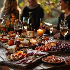 Group of adults at a winery, Halloweenthemed wine tasting, elegant ambiance, charcuterie boards, photorealistic, midangle shot