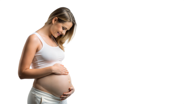 Pregnant woman smiling and touching her belly