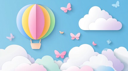 Colorful paper cut sky with hot air balloon,clouds and rainbow landscape background. AI generated