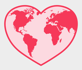 Flat signs of romance. Continents of the world in the heart. World map isolated in heart.