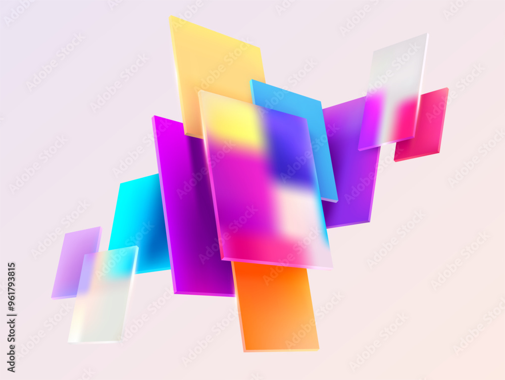 Poster 3d colorful squares and rectangles in glass morphism style. transparent frame for text with geometri